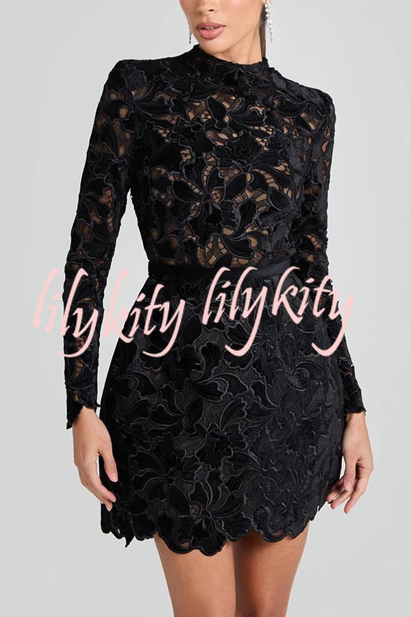 Lydia Embroidered Floral Lace Long Sleeve Belt Tulip Shaped Mini Dress