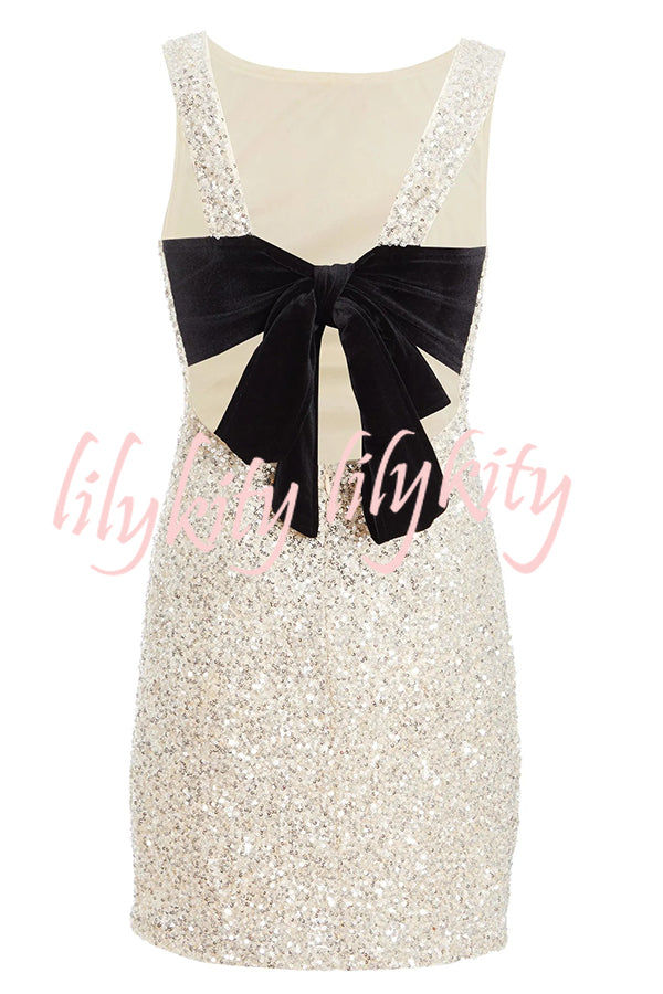 Party Time Starts Sequin Back Velevt Bow Detail Stretch Mini Dress