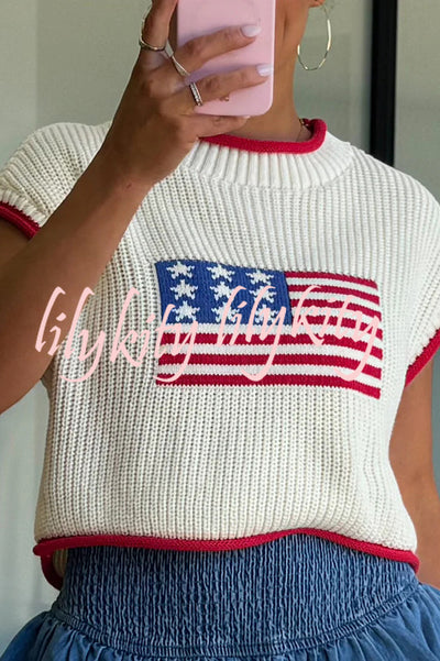 Independence Day Casual Crew Neck Short Sleeve Knit Sweater
