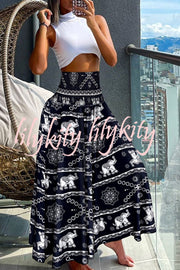 Unique Printed Pleated Elastic Waist Holiday Casual Maxi Skirt