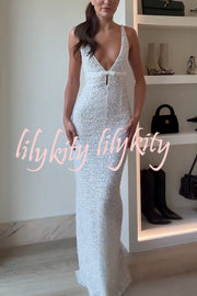 Festival Shines Sequin Beaded Mesh Bow Cutout Detail Slit Maxi Dress