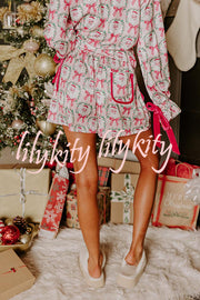 Christmas Dreaming Satin Santa Print Velvet Trim Elastic Waist Pocketed Pajama Shorts Set