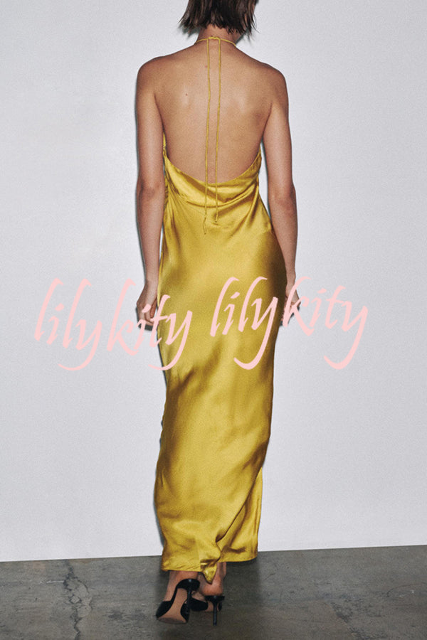 Fashionable Beaded Large Flower Decoration Halter Neck Backless Maxi Dress