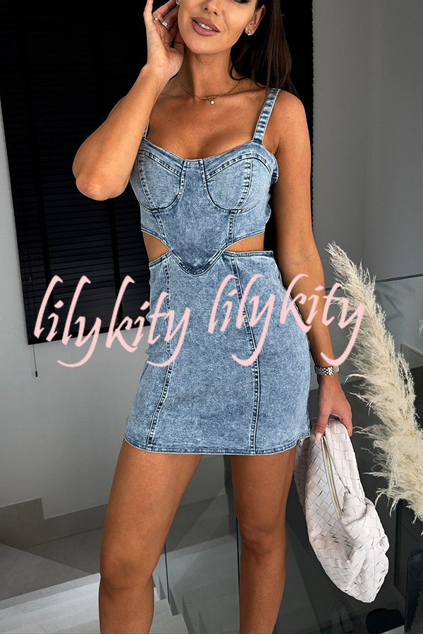 Picilo Denim Sweetheart Neck Cutout Waist Stretch Mini Dress