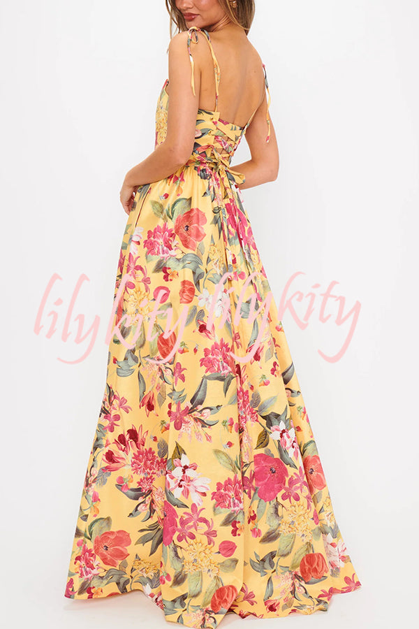 Garden Wedding Floral Print Back Tie-up Pocketed Slit Maxi Dress