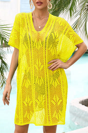 Knitted Hollow V Neck Tie Slit Cover Up