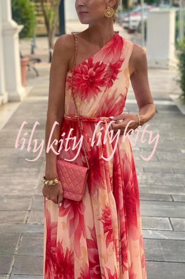 Floral Print One Shoulder Waist Tie Full Hem Resort Style Maxi Dress