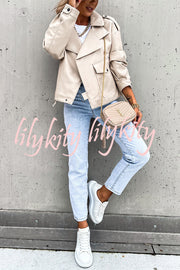 Stylish Leather Lapel Pocket British Style Cropped Jacket