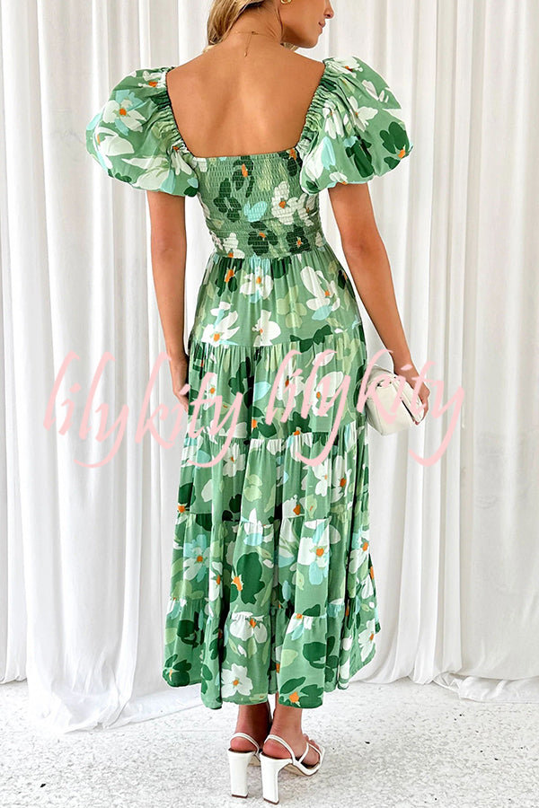 Petal Princess Unique Print Smocked Waist Puff Sleeve Midi Dress