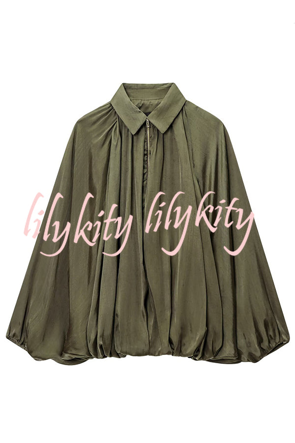 Fashion Lapel Loose Puff Long Sleeve Casual Zipper Jacket