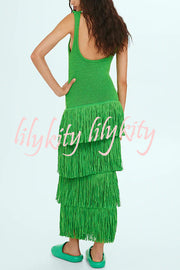 Solid Color Sleeveless Slim Fit Fringed Hem Knitted Midi Dress