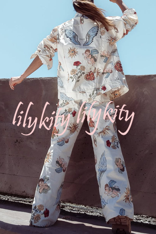 Angel Wings Denim Unique Print Button Up Long Sleeve Pocketed Relaxed Jacket