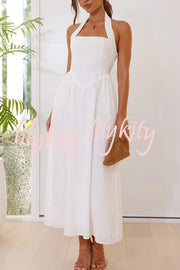 Brunch in Bali Linen Blend Halter Neck Pocketed Maxi Dress