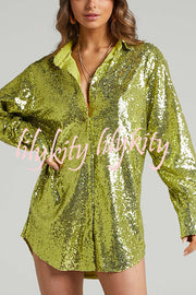 Solid Color Sequined Long-sleeved Casual Mid-length Loose Shirt