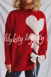 Love Jacquard Loose Cute Bowknitted Long Sleeve Sweater