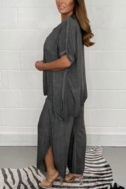 Solid Color Round Neck Short-sleeved Loose Top and Elastic Waist Casual Pants Set