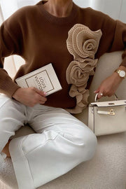 Solid Color 3D Floral Loose Long-sleeved Knit Sweater