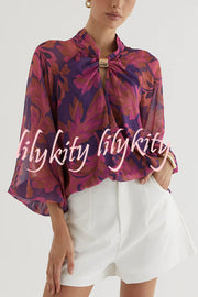 Essentials Printed Gold Cutout Collar Balloon Sleeve Blouse