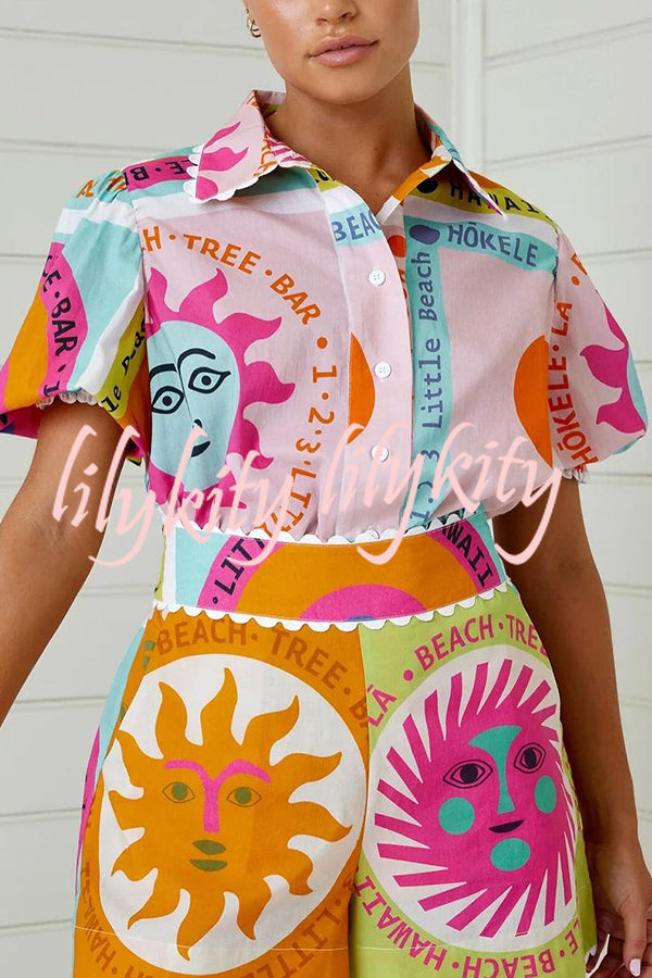 Quirky Sun Print Button Down Elastic Waist Pocket Shorts Set