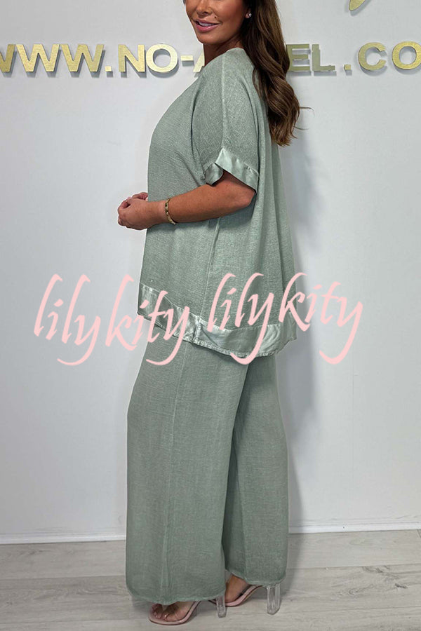 Fashionable V-neck Short-sleeved Loose Top and Elastic Waist Casual Wide-leg Pants Set