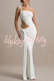 Sexy One-shoulder Backless Ribbon Pleated Slim Maxi Dress