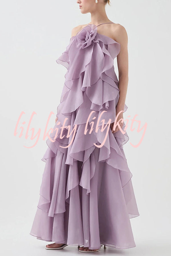 Free - Flowing Rose Detail Tiered Ruffles Halter A-line Maxi Dress