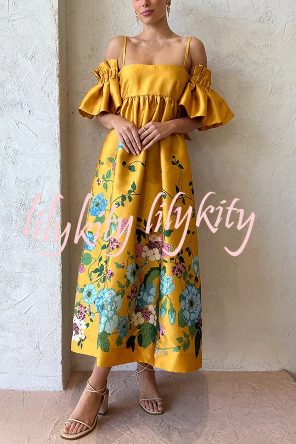 Sweetest Marigold Printed Gathered Sleeve Pocketed A-line Midi Dress