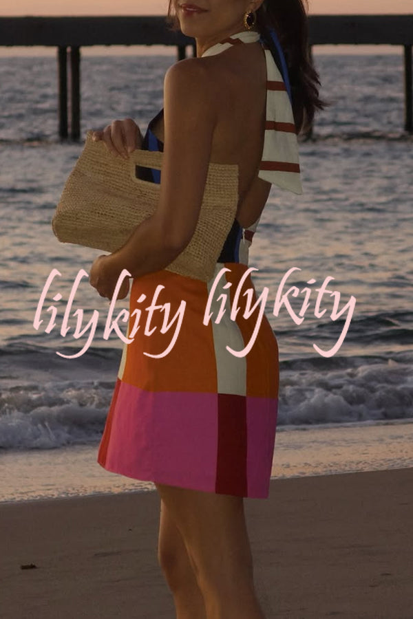Jeniah Linen Blend Color Block Print Cross Halter Tie-up Loose Mini Dress
