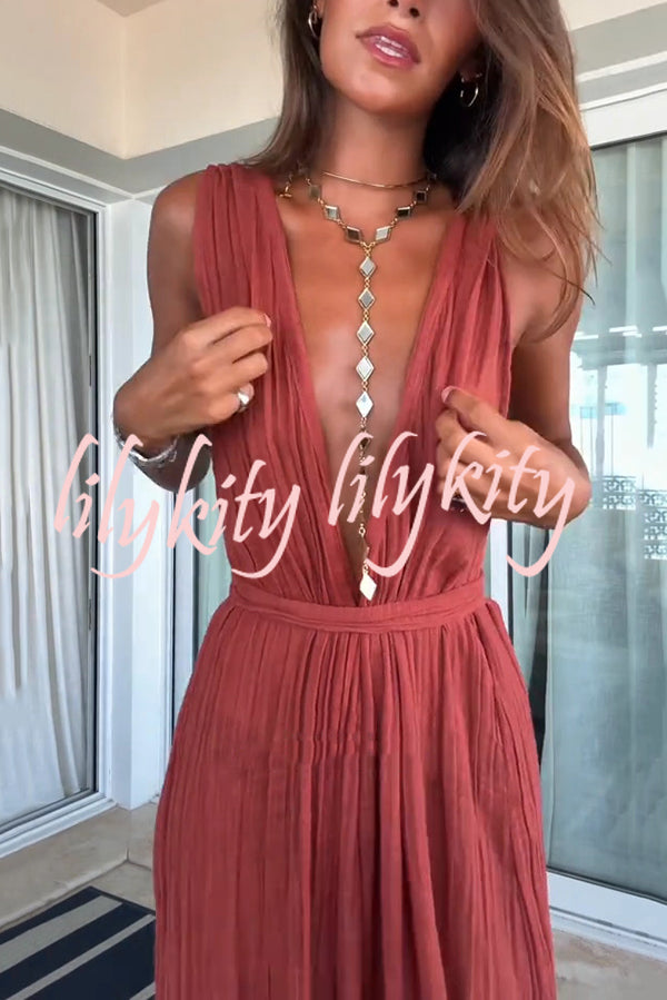 Resort Style V-neck Tie Pleated Casual Jumpsuit