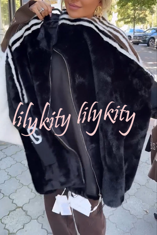 Fashion Sports Stripe Print and Ribbed Embroidered Long Sleeve Zipper Stand Nack Pocket Plush Coat