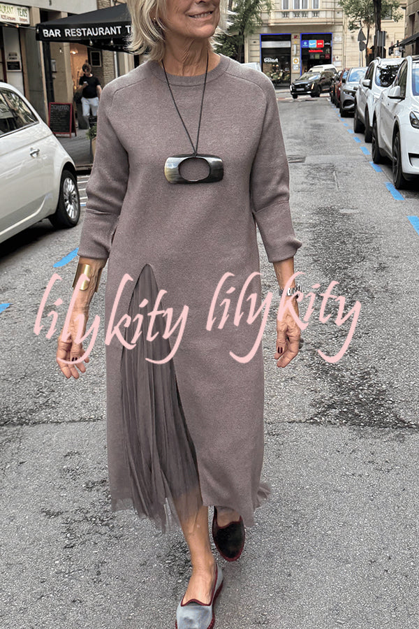 Jollie Knit Long Sleeve Front Slit Midi Sweater and Pleated Tulle Stretch Tank Midi Dress Two-piece Set