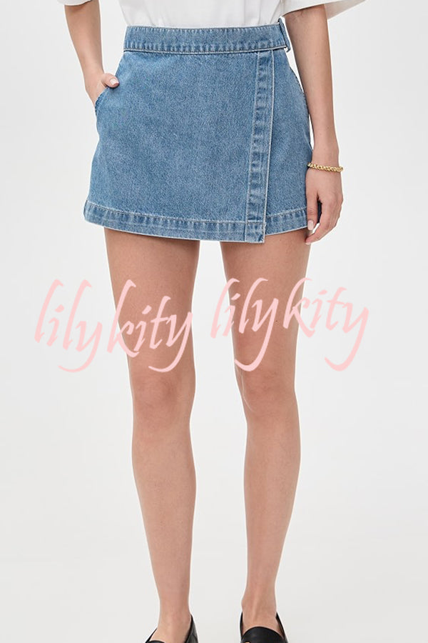 Fall for That Denim Faux Wrap Buckle Tie Pocketed Mini Shorts