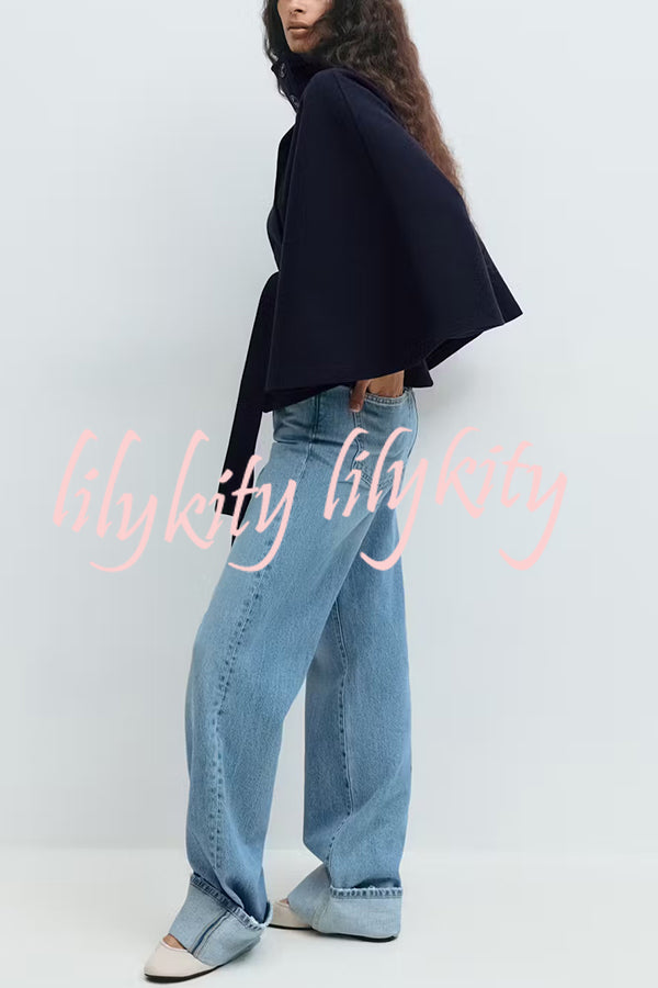 Fashionable Stand Collar Button Waist Tie Loose Cape
