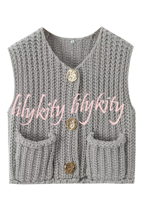 Solid Color Sleeveless Pocket Knitted Vest