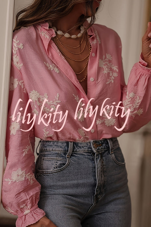 Floral Embroidery Long-Sleeved Button-Up Elegant Shirt