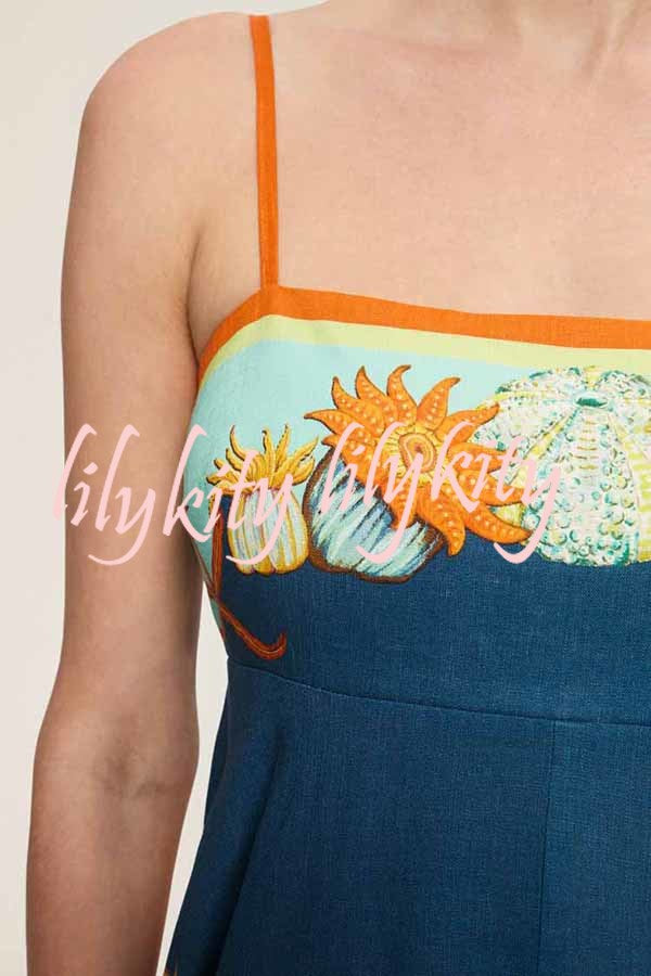 Linen Blend Unique Print Suspenders Back Pleated Pocket Resort Style Maxi Dress