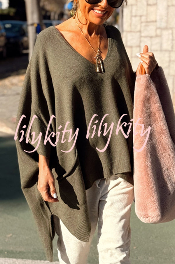 Fashion V-neck Loose Pocket Mid-length Knitted Sweater