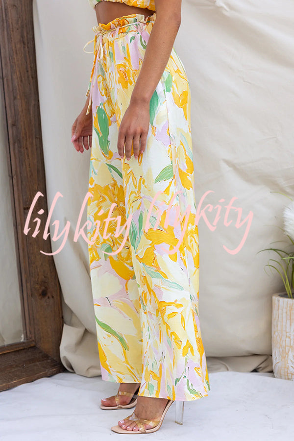 Soleila Floral Print One Shoulder Tie-up Crop Top and Elastic Waist Pocket Loose Pants Set