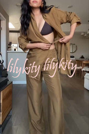 Bella Satin Drape Collar Single Button Casual Blazer and Elastic Waist Pocket Loose Pants Set