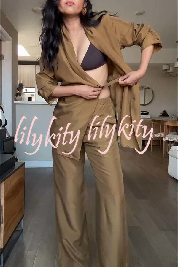 Bella Satin Drape Collar Single Button Casual Blazer and Elastic Waist Pocket Loose Pants Set