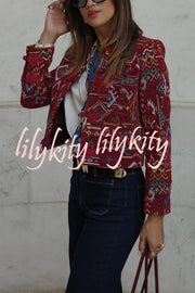 Vintage Bohemian Printed Chinese Style Buttons Long Sleeve Crop Jacket