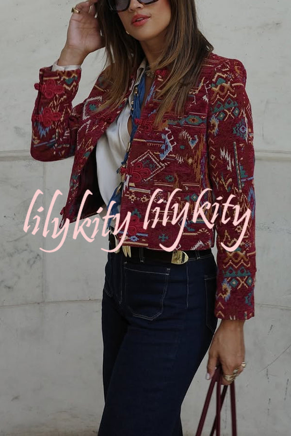 Vintage Bohemian Printed Chinese Style Buttons Long Sleeve Crop Jacket