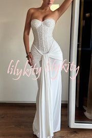 Carina Sequined and Satin Jersey Off Shoulder Ruched Knot Drape Maxi Dress