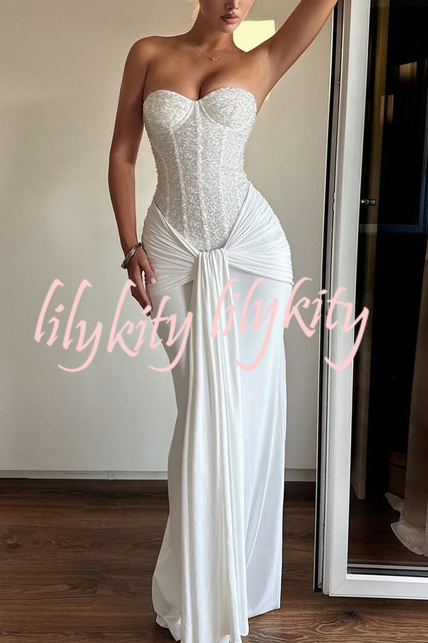 Carina Sequined and Satin Jersey Off Shoulder Ruched Knot Drape Maxi Dress