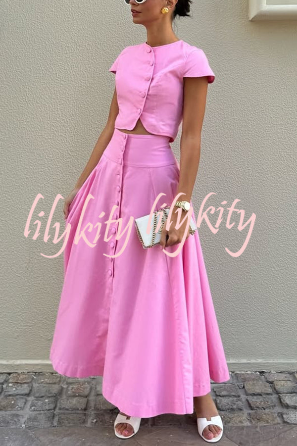 Solid Color Round Neck Button Crop Top and Elegant High Waist Slit Maxi Skirt Set
