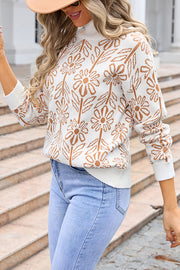 Fashionable Floral Knitted Turtleneck Loose Sweater