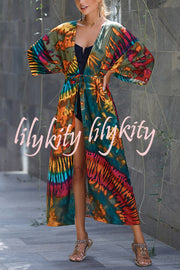 Unique Print Loose Lace Up Holiday Maxi Cover Up