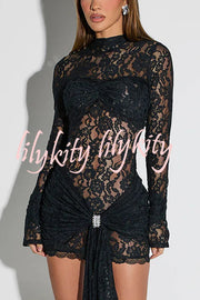 Sexy Body Language Lace Long Sleeve Wrap Tie-up Stretch Mini Dress