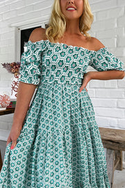 Floral Print Off-the-shoulder Puff-sleeve Pleated Maxi Dress