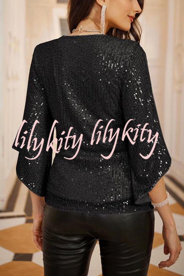 Solid Color Sequined V-neck Hollow Sleeve Slim Fit Top